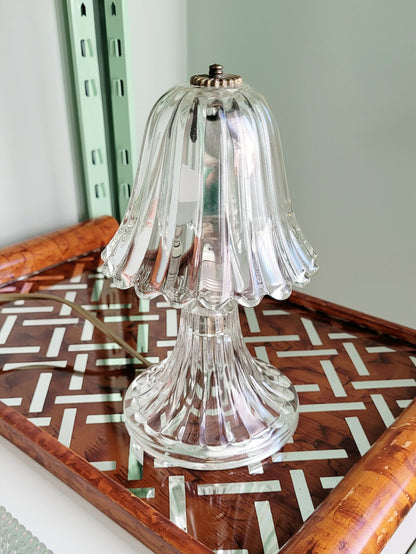 top view of a clear Murano glass table lamp with scalloped shade