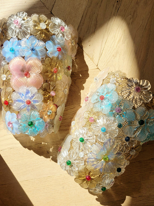two Seguso vintage Murano flower wall lamps or sconces with colourful glass petals