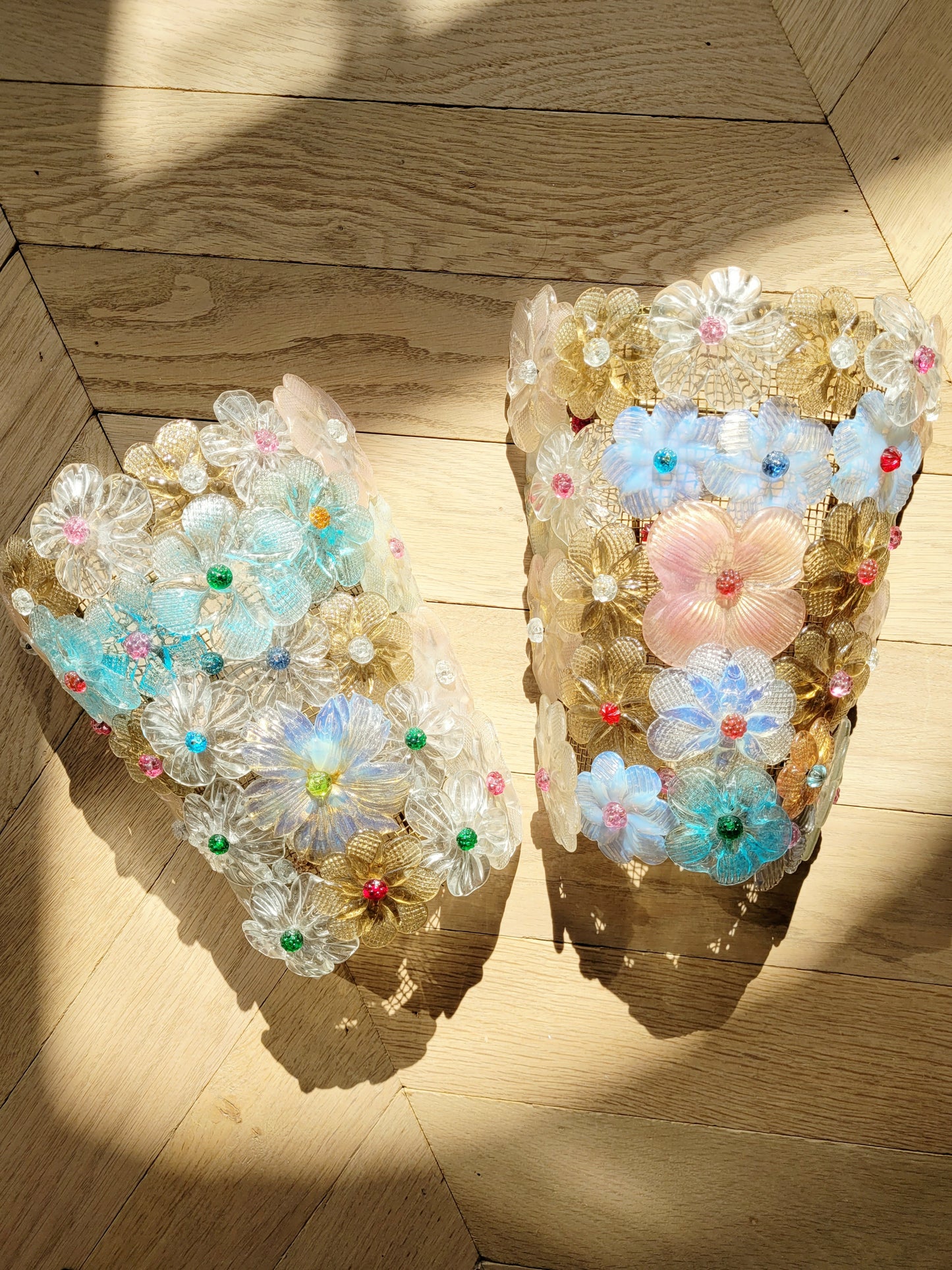 two Seguso vintage Murano flower wall lamps or sconces with colourful glass petals