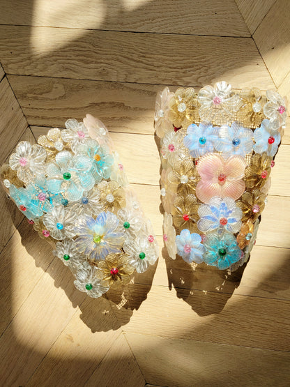two Seguso vintage Murano flower wall lamps or sconces with colourful glass petals