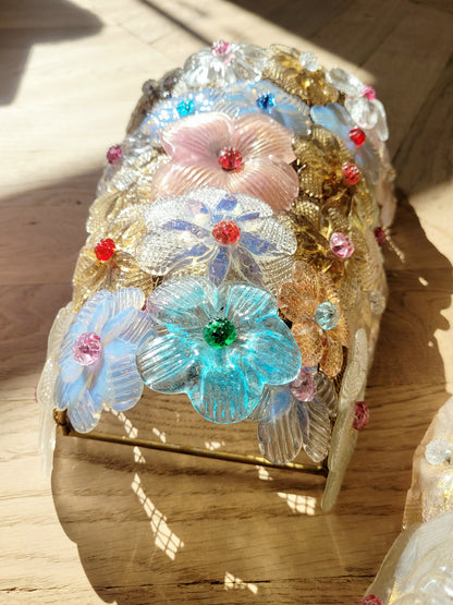 side view of a Seguso vintage Murano flower wall lamp or sconce with colourful glass petals