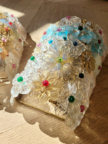 side view of two Seguso vintage Murano flower wall lamps or sconces with colourful glass petals