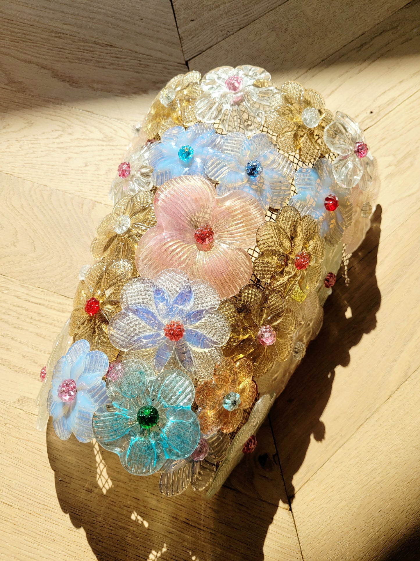 a Seguso vintage Murano flower wall lamp or sconce with colourful glass petals