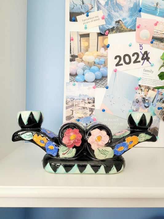 front view of a Vallauris ceramic double candle holder