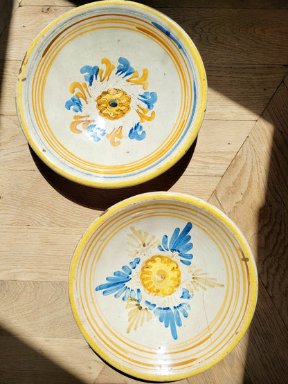 full view of a pair of antique ceramic (wall) plates, adorned in vibrant blue and yellow hues with a stunning flower pattern on a parquet floor