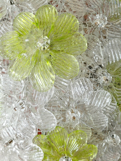 top view of a vintage Murano flower ceiling lamp with clear and green floral petals