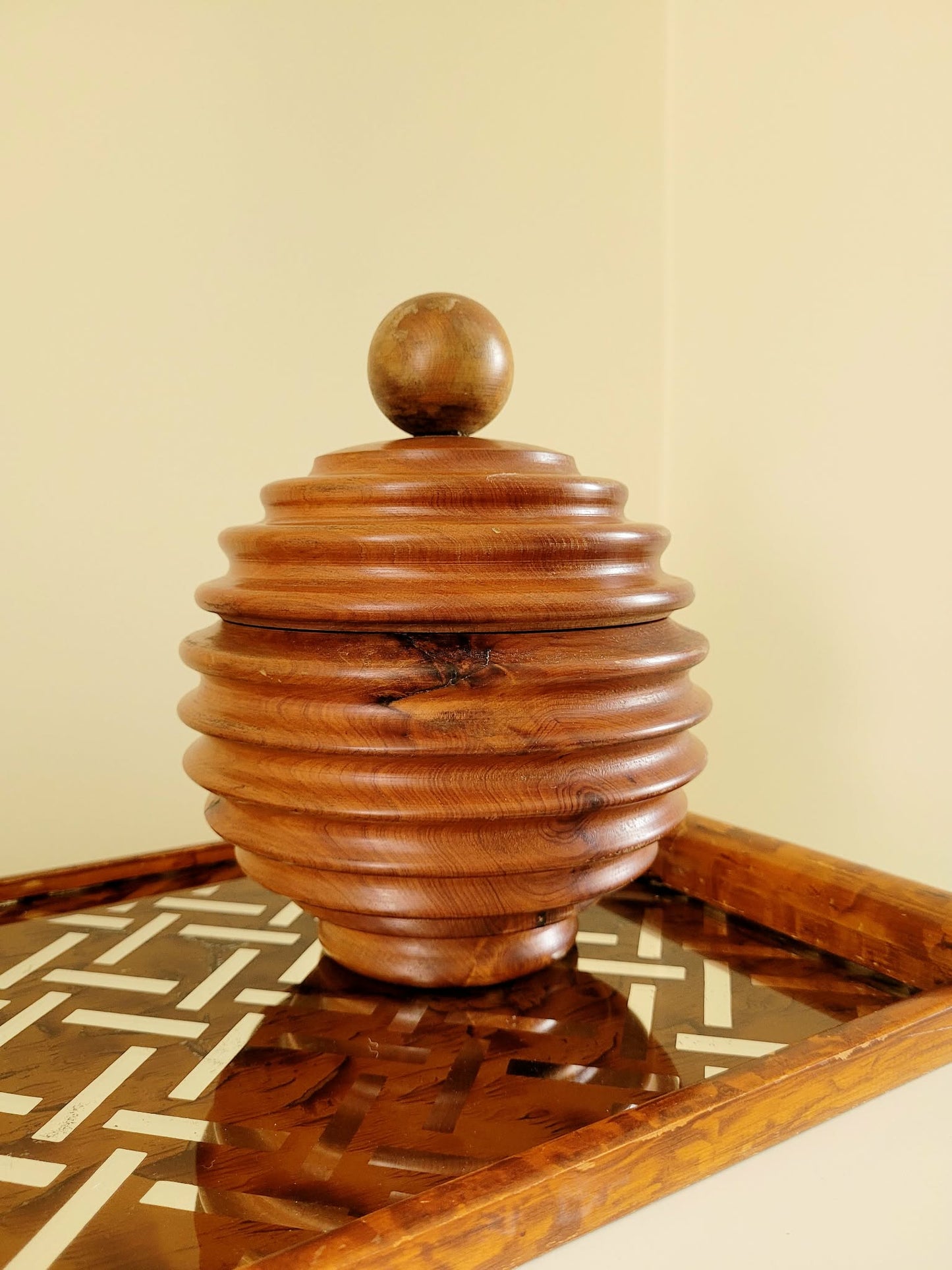 hand-turned vintage wooden bonbonniere with lid, repurposed from an old tobacco jar