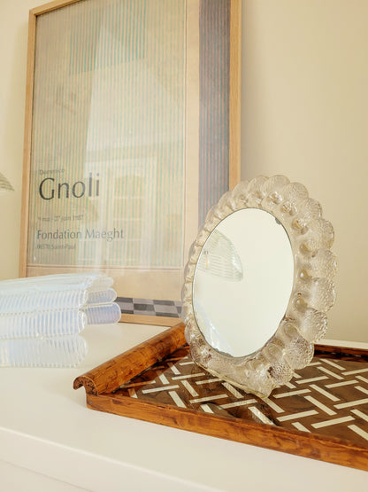 vintage Murano glass table mirror featuring a heavy, beautifully textured clear glass frame with a dramatic scalloped silhouette