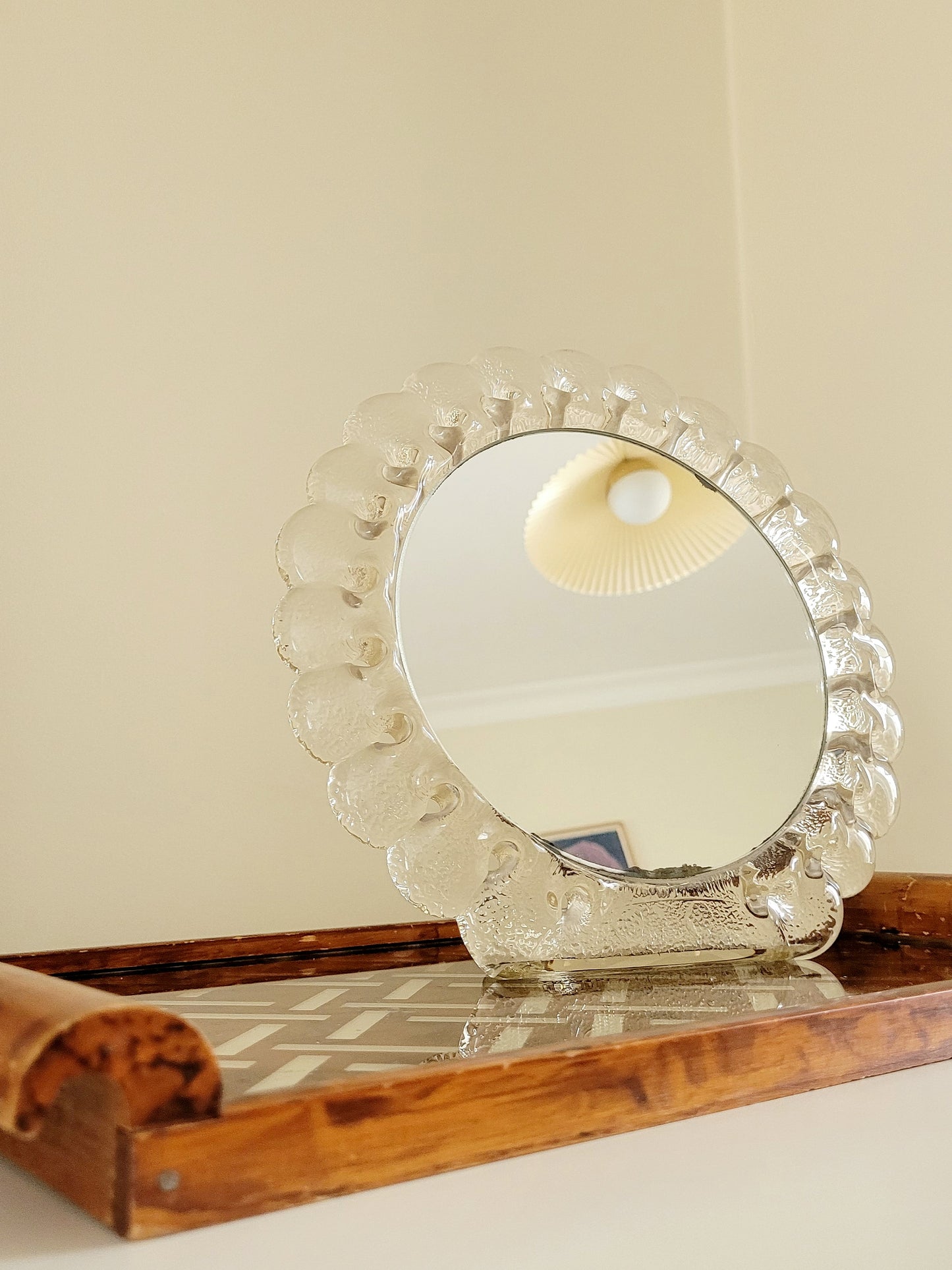 vintage Murano glass table mirror featuring a heavy, beautifully textured clear glass frame with a dramatic scalloped silhouette