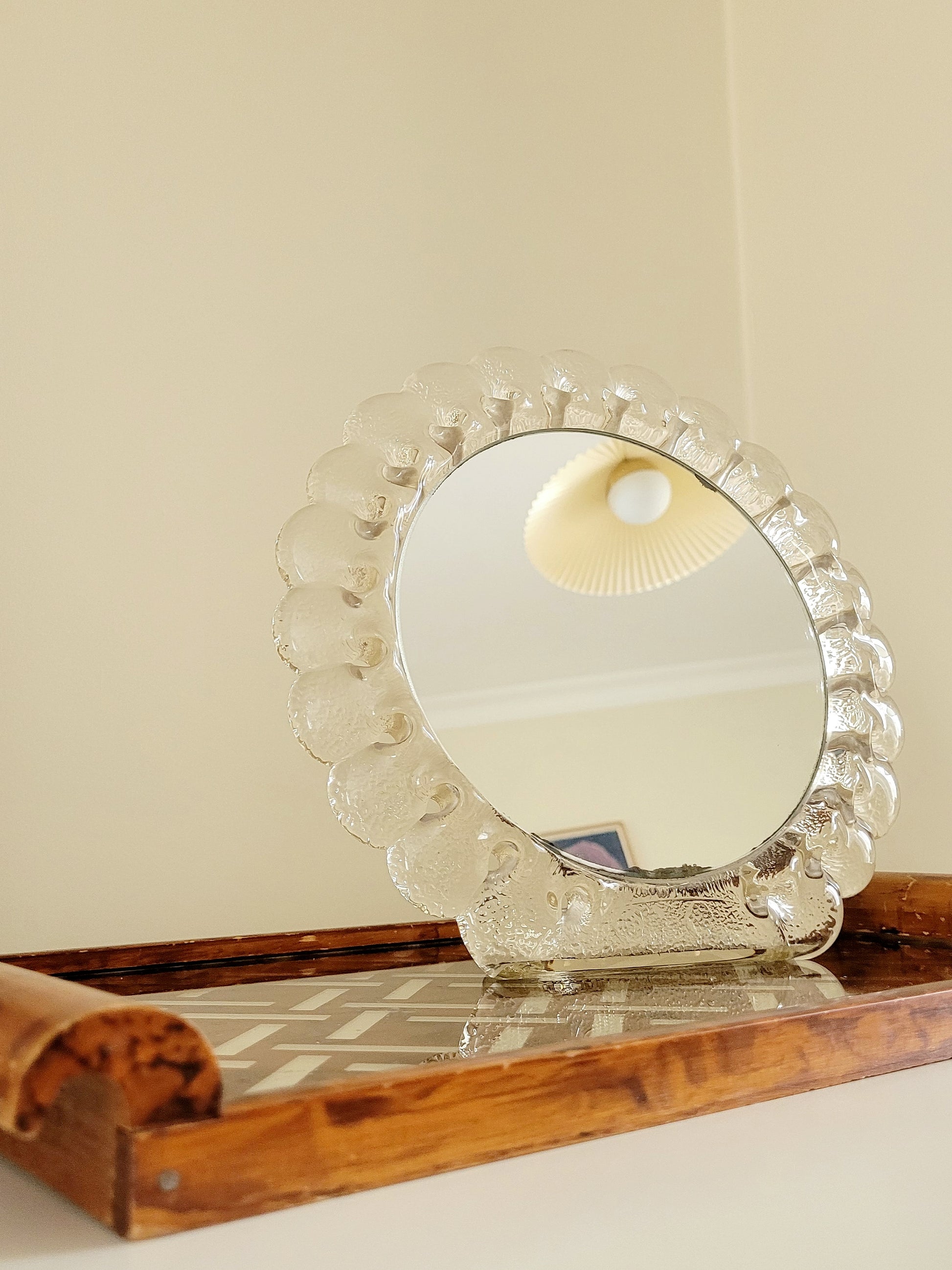 vintage Murano glass table mirror featuring a heavy, beautifully textured clear glass frame with a dramatic scalloped silhouette