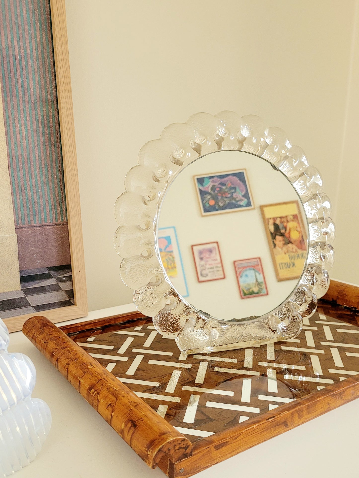 vintage Murano glass table mirror featuring a heavy, beautifully textured clear glass frame with a dramatic scalloped silhouette