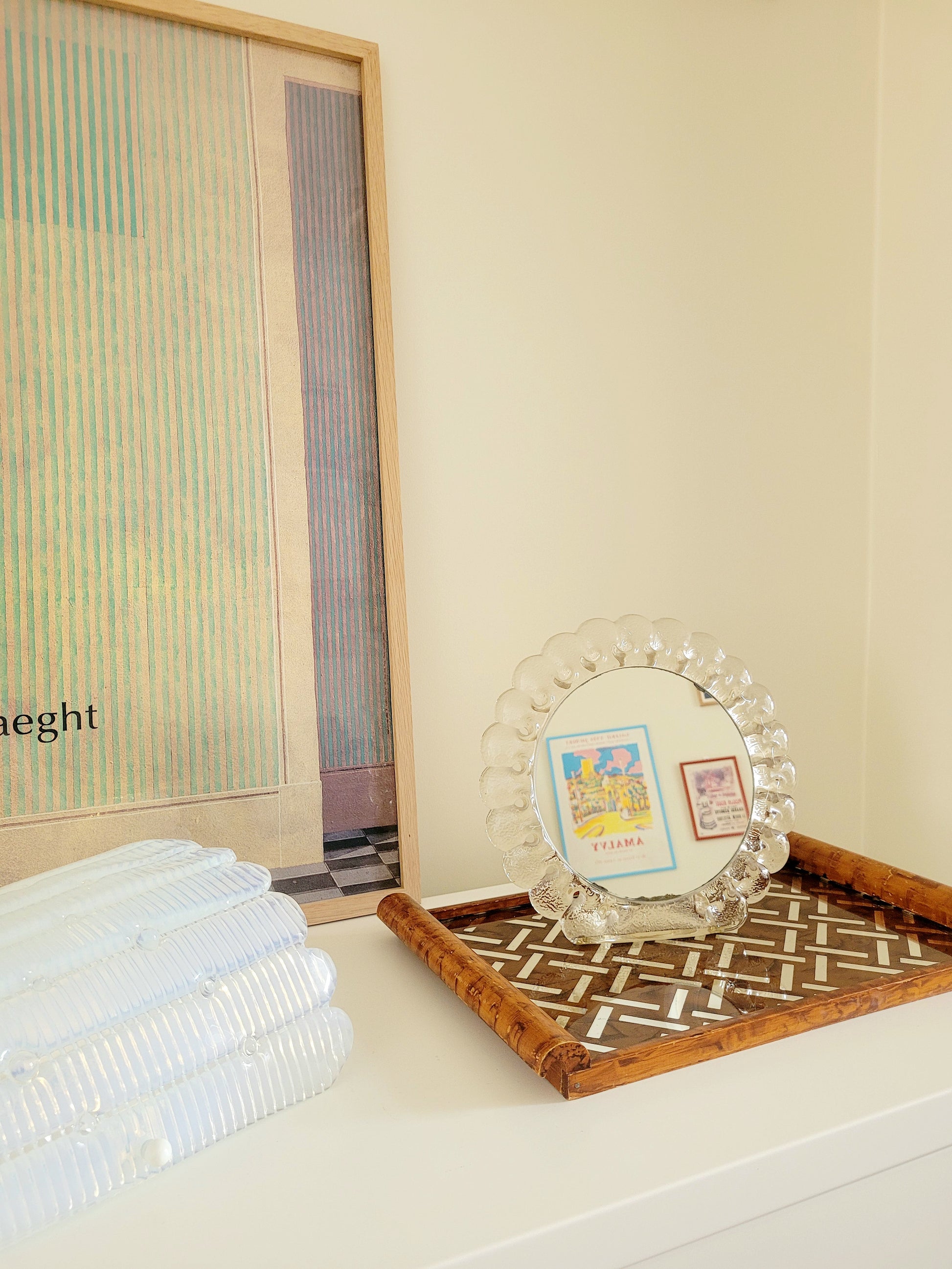 vintage Murano glass table mirror featuring a heavy, beautifully textured clear glass frame with a dramatic scalloped silhouette