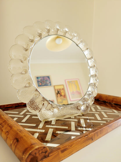 vintage Murano glass table mirror featuring a heavy, beautifully textured clear glass frame with a dramatic scalloped silhouette