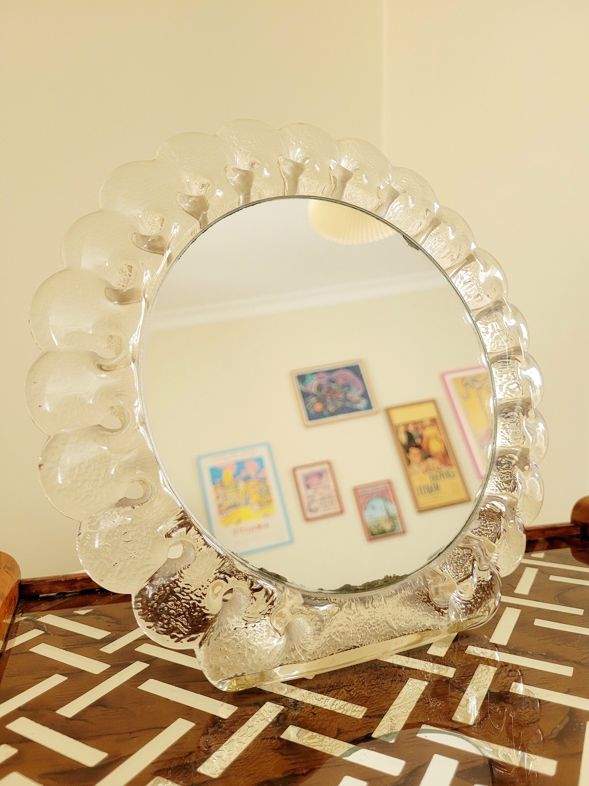 vintage Murano glass table mirror featuring a heavy, beautifully textured clear glass frame with a dramatic scalloped silhouette