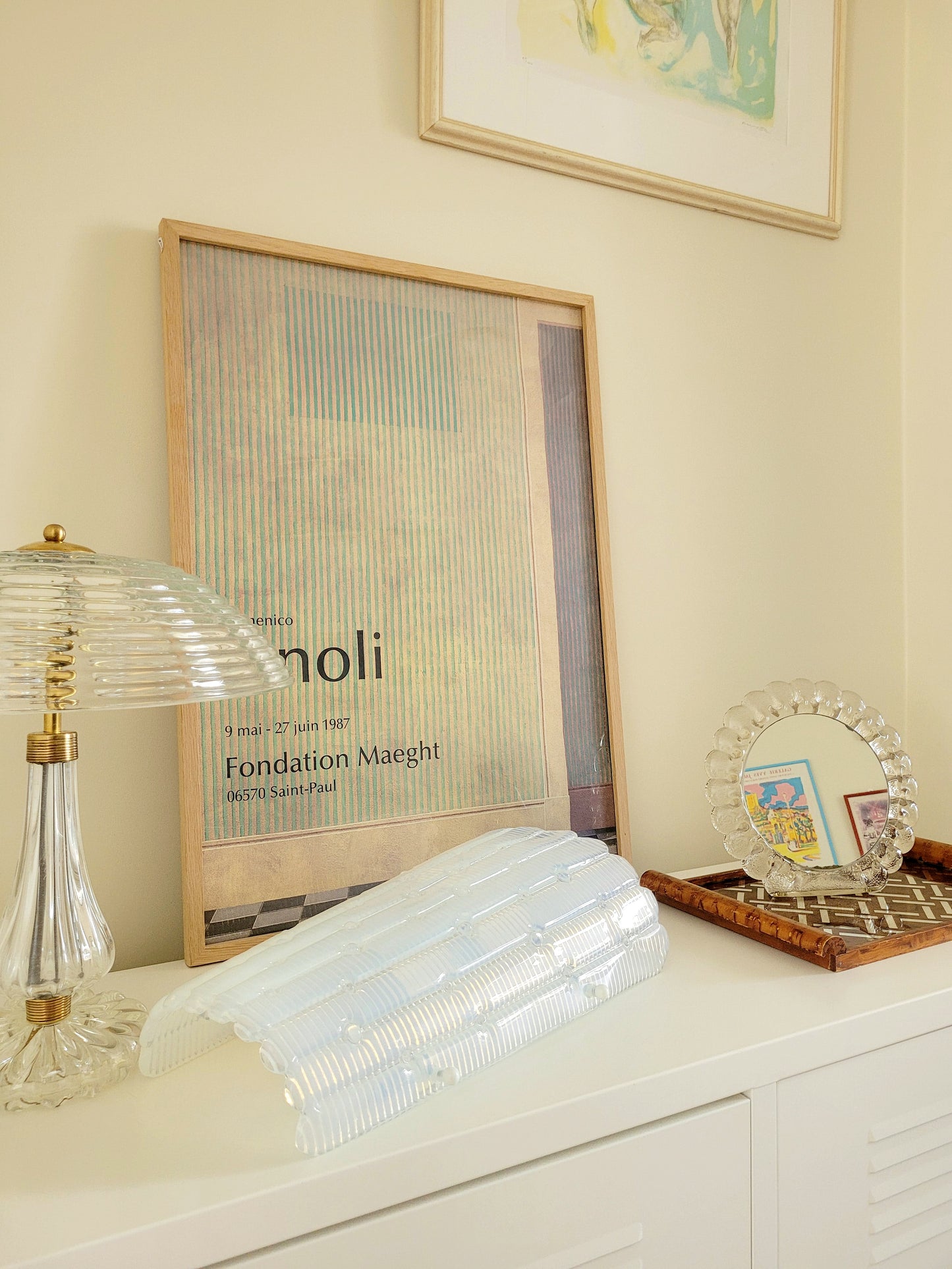 vintage Murano glass table mirror featuring a heavy, beautifully textured clear glass frame with a dramatic scalloped silhouette