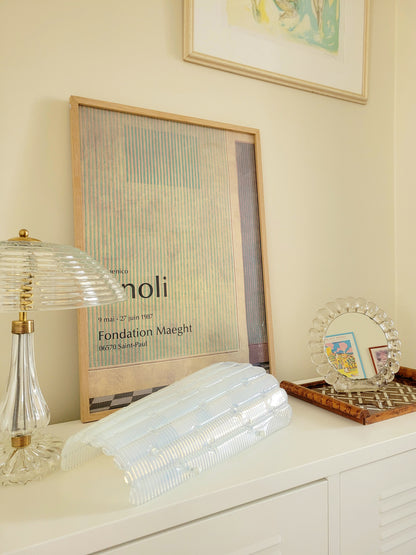 vintage Murano glass table mirror featuring a heavy, beautifully textured clear glass frame with a dramatic scalloped silhouette