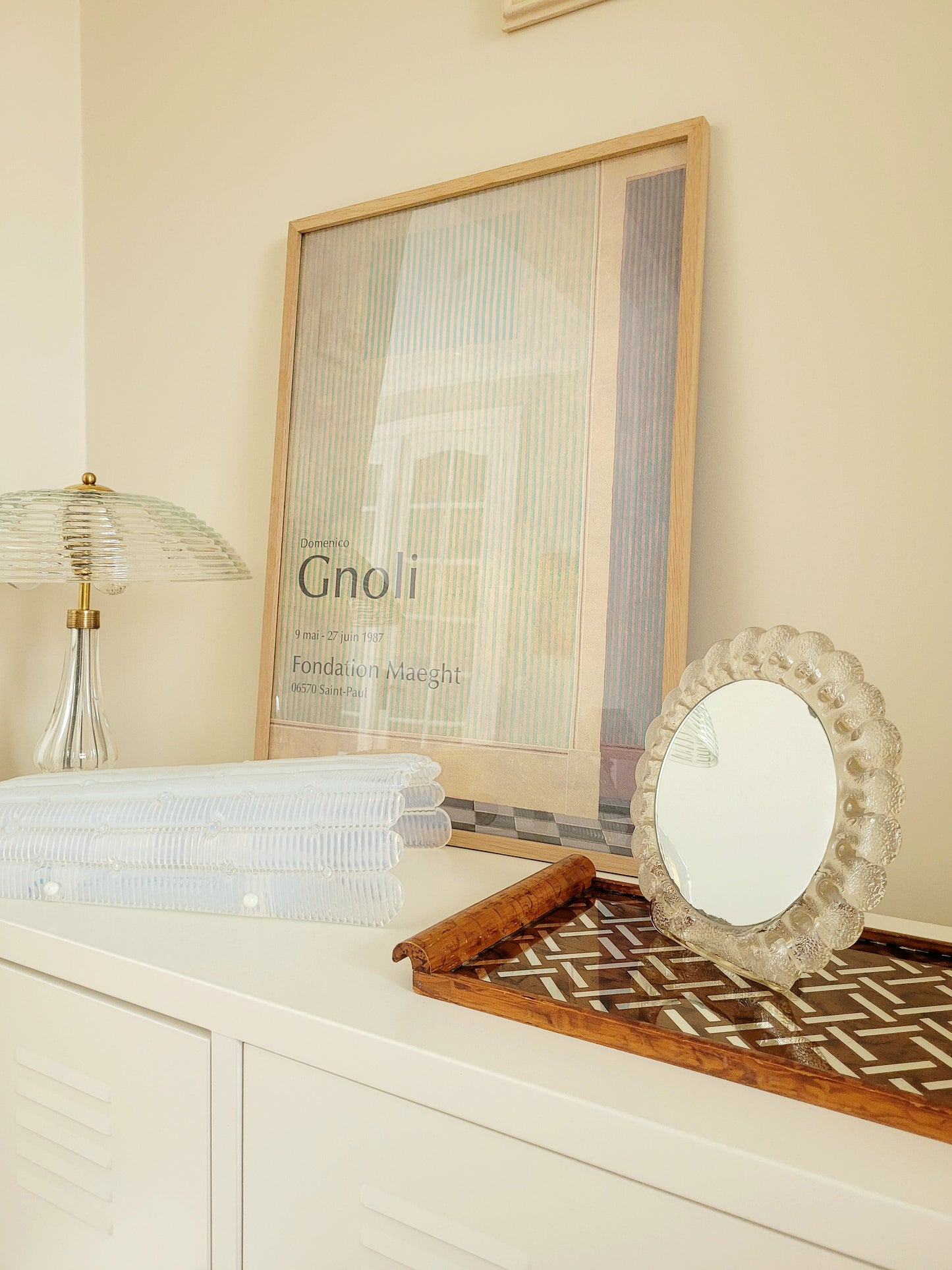 vintage Murano glass table mirror featuring a heavy, beautifully textured clear glass frame with a dramatic scalloped silhouette