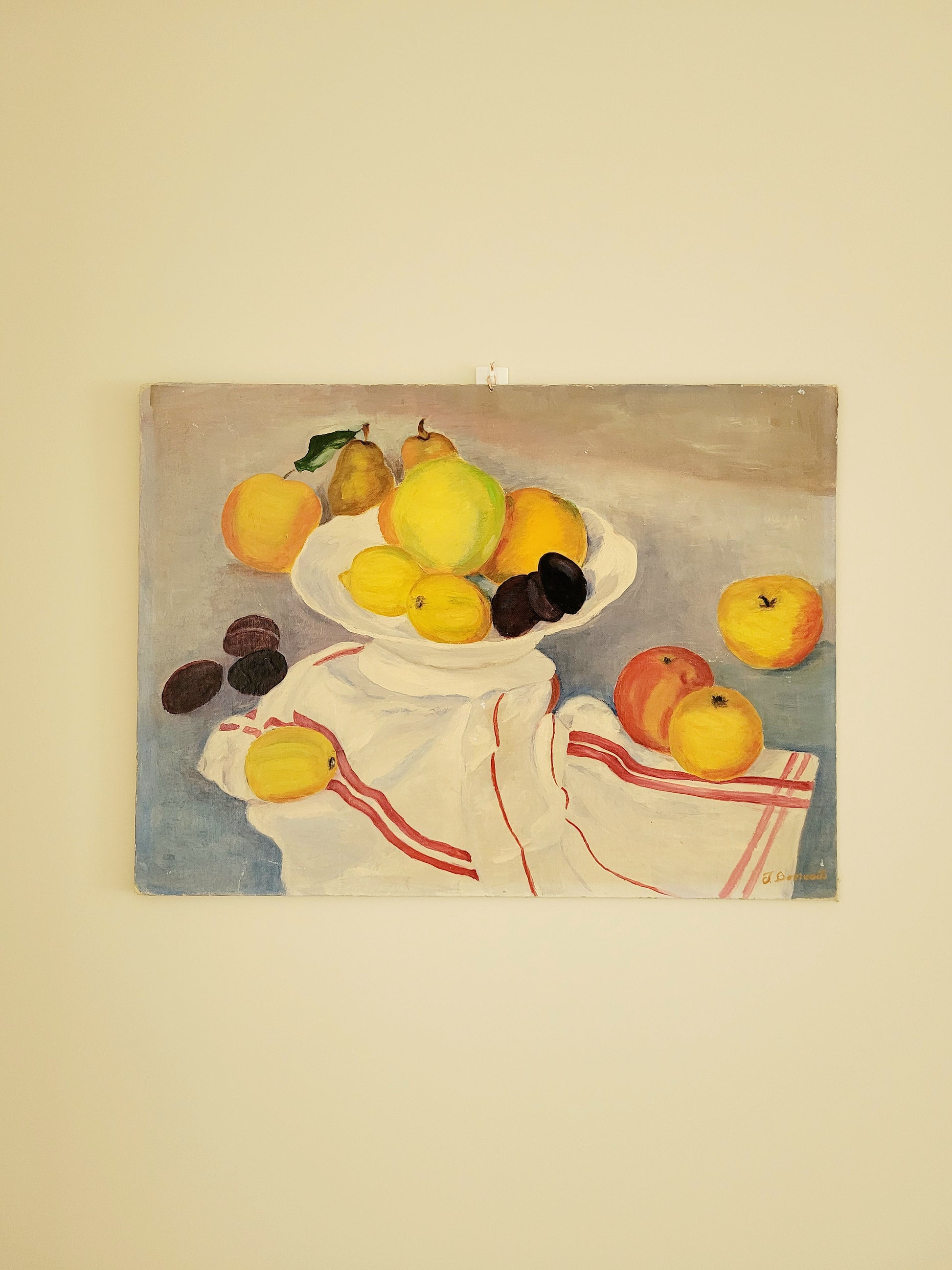 oil painting with still life of a fruit bowl on a  tea towel