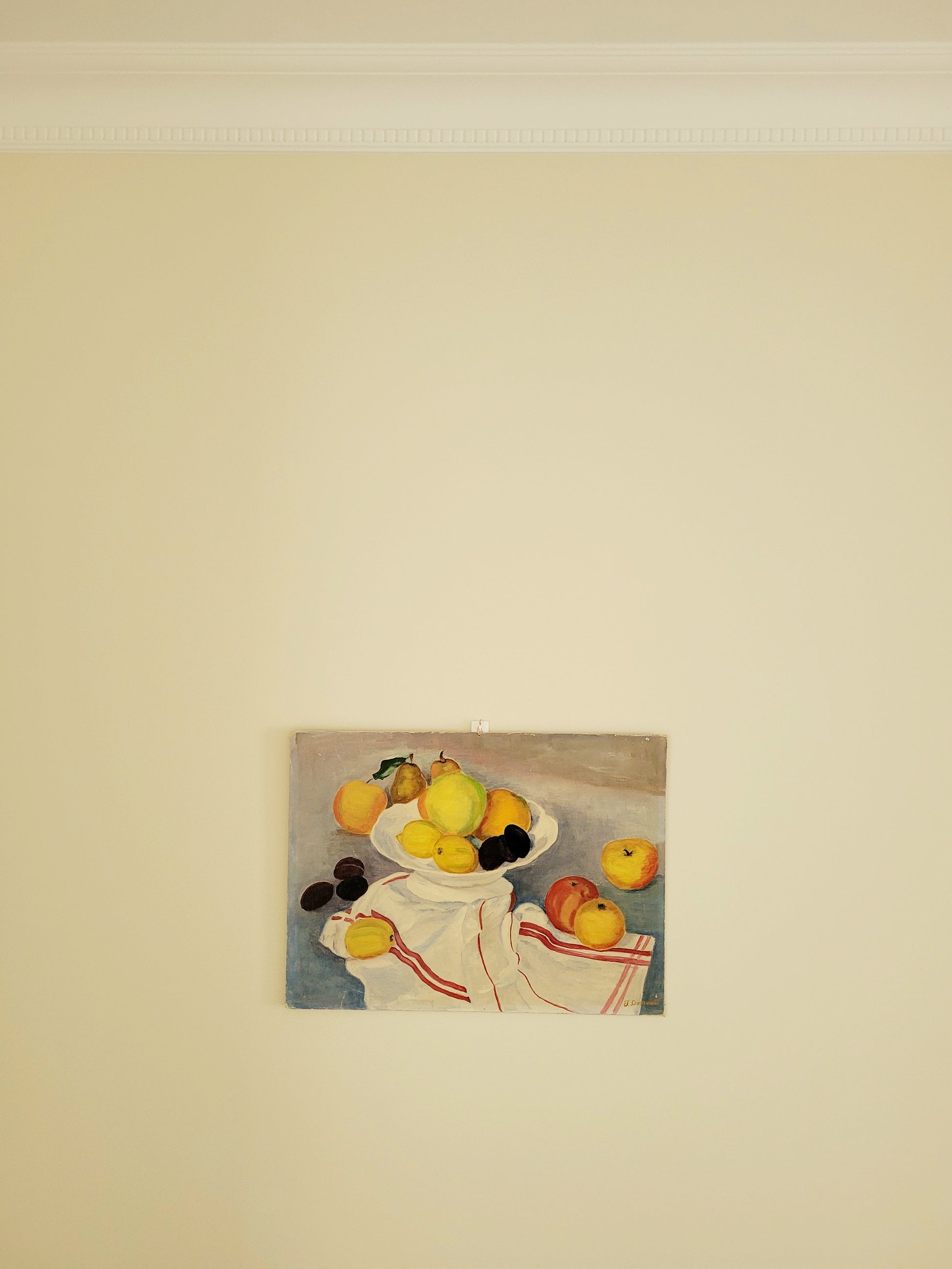 oil painting with still life of a fruit bowl on a  tea towel