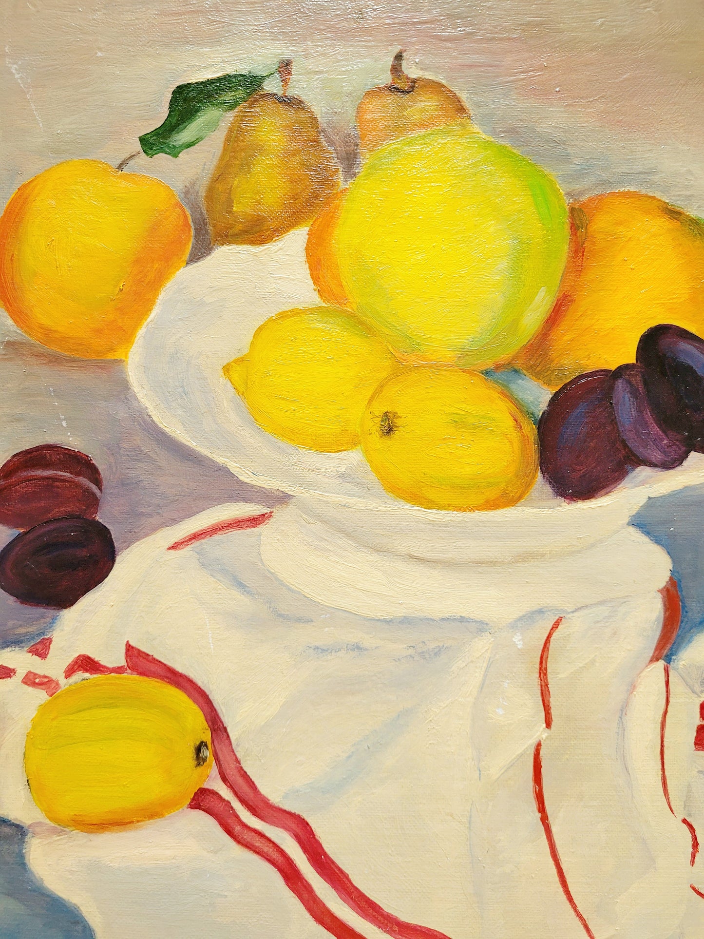 detail of an oil painting with still life of a fruit bowl on a  tea towel