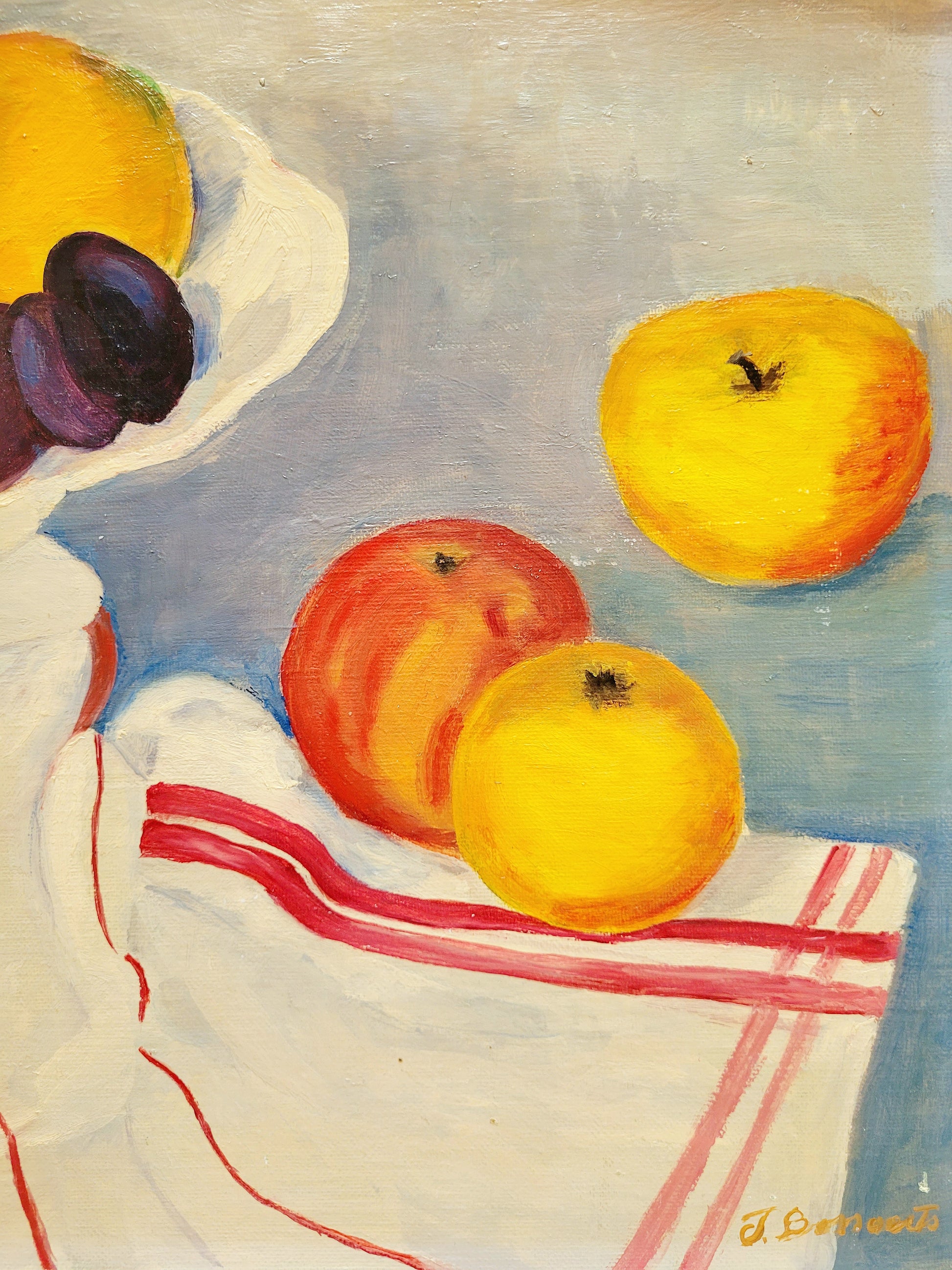 detail of an oil painting with still life of a fruit bowl on a  tea towel