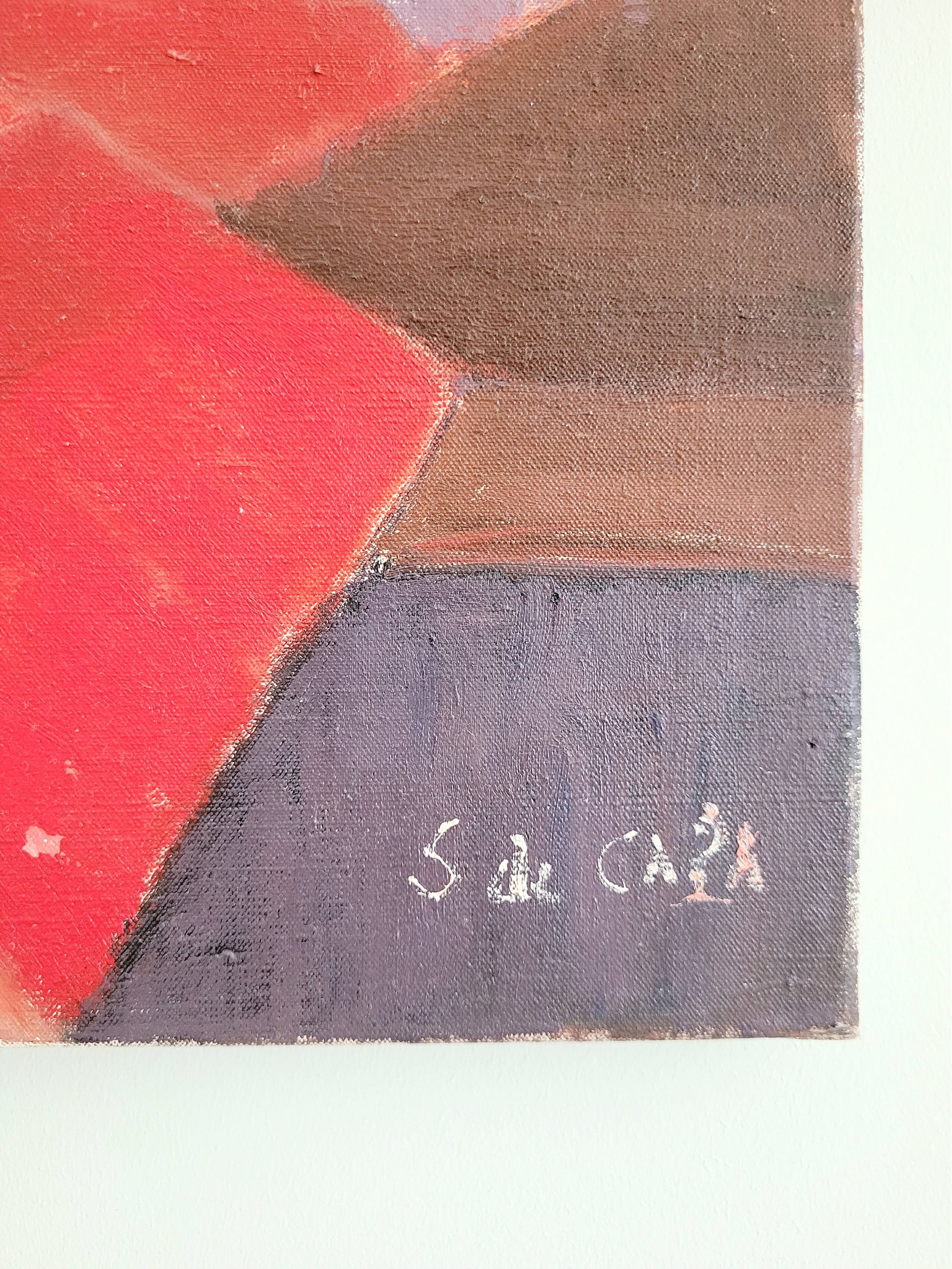 detail of a vibrant oil painting "Nature morte" (still life) signed by S. de Capá showing stylistic cubism traits