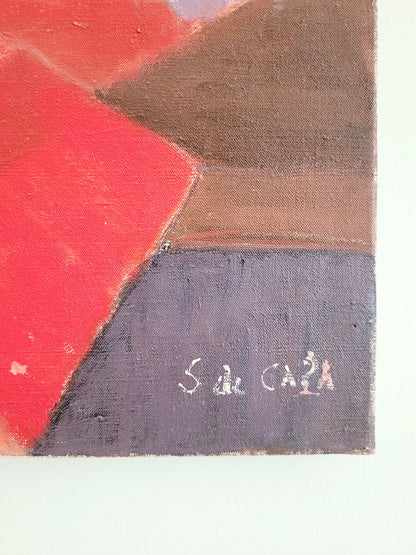 detail of a vibrant oil painting "Nature morte" (still life) signed by S. de Capá showing stylistic cubism traits