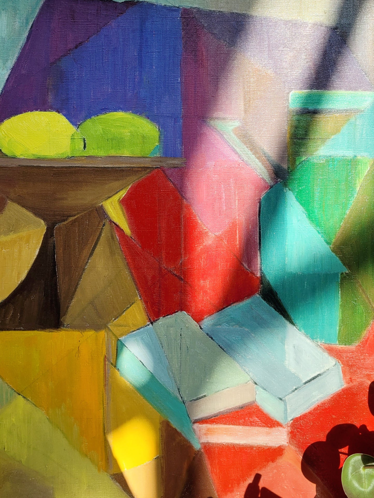 a vibrant oil painting "Nature morte" (still life) signed by S. de Capá showing stylistic cubism traits