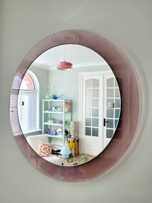 Italian round plexiglass mirror with a pink rim