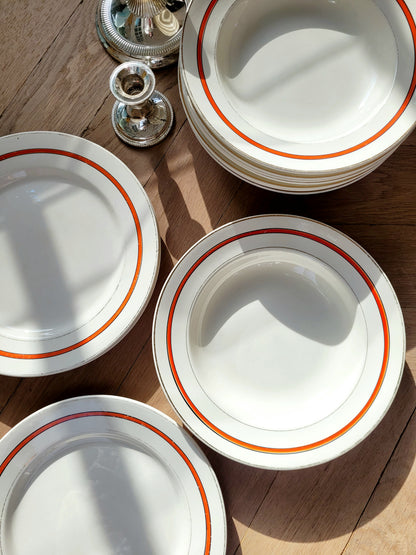 Red striped dinner plates from Boch Frères, Belgium