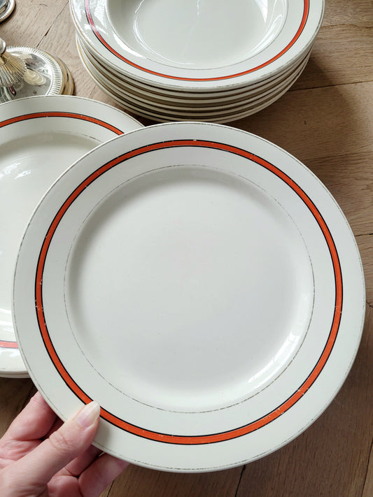 Red striped dinner plates from Boch Frères, Belgium
