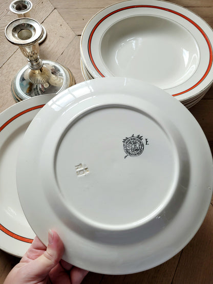 Red striped dinner plates from Boch Frères, Belgium