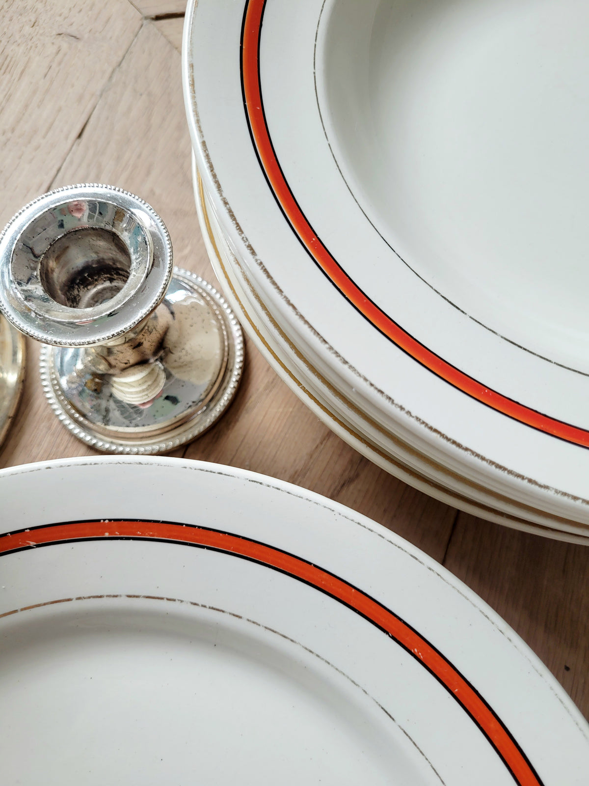 Red striped dinner plates from Boch Frères, Belgium