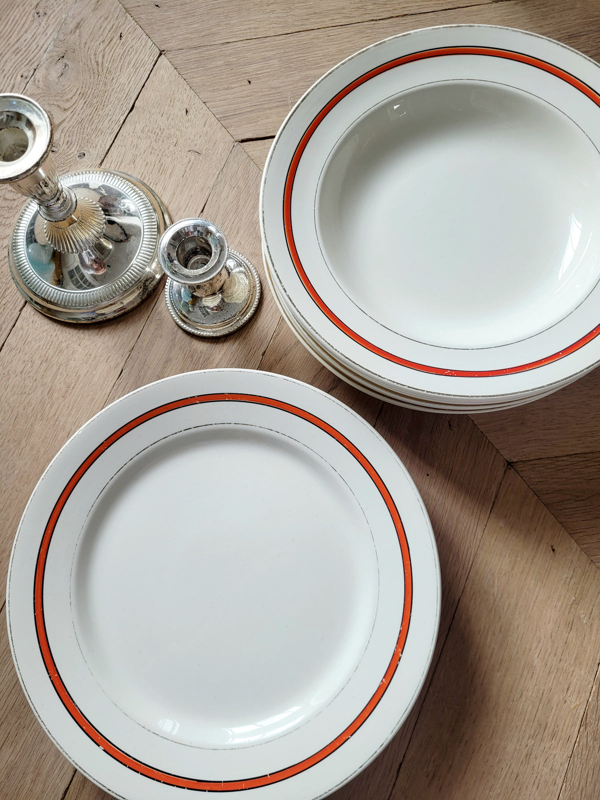Red striped dinner plates from Boch Frères, Belgium