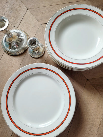 Red striped dinner plates from Boch Frères, Belgium
