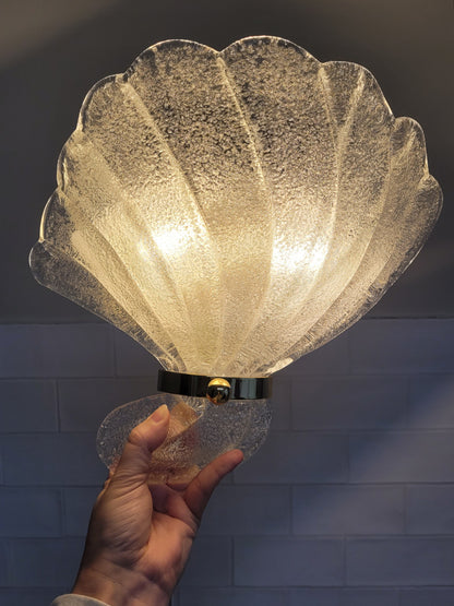 front view of an illuminated vintage Murano seashell wall light