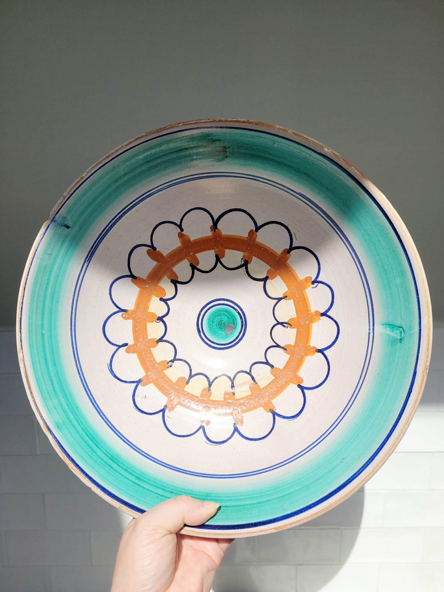 front view of a large Sicilian ceramic Caltagirone bowl