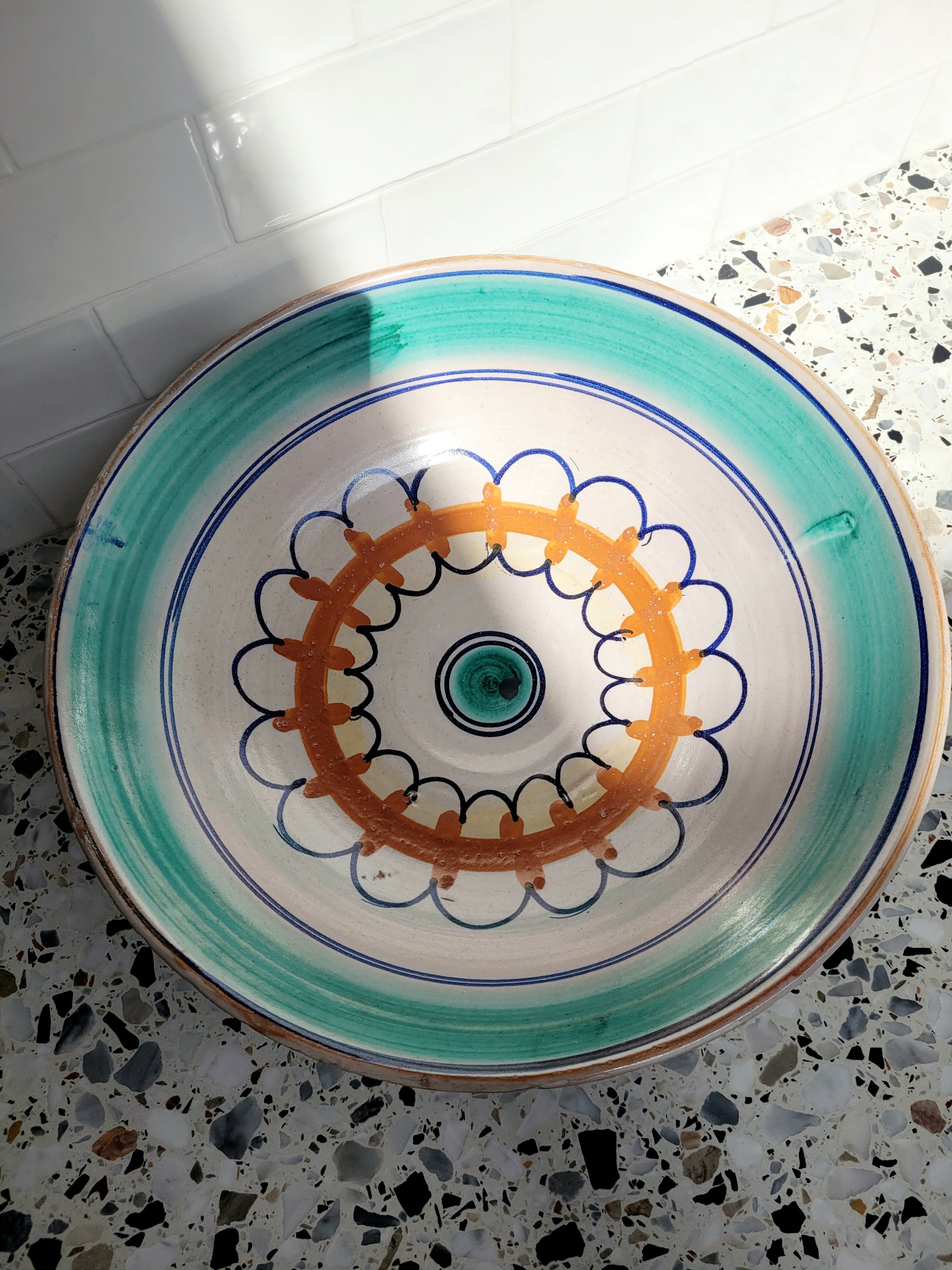 top view of a large Sicilian ceramic Caltagirone bowl