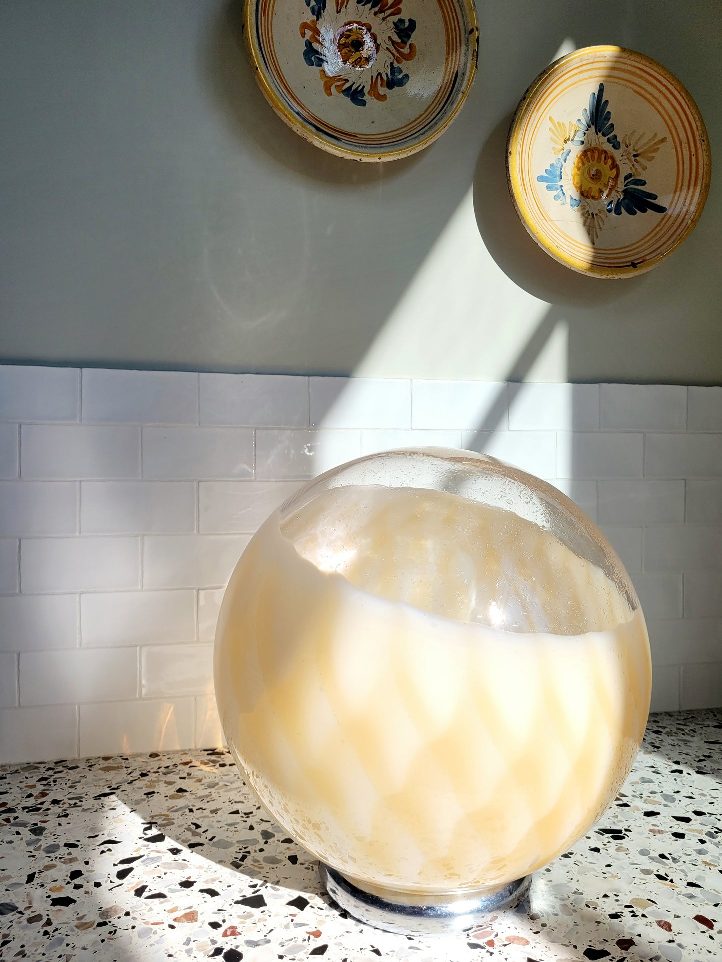 vintage Murano table lamp in amber and clear glass with a beehive pattern and a chrome base