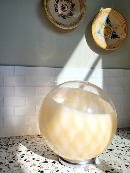 vintage Murano table lamp in amber and clear glass with a beehive pattern and a chrome base