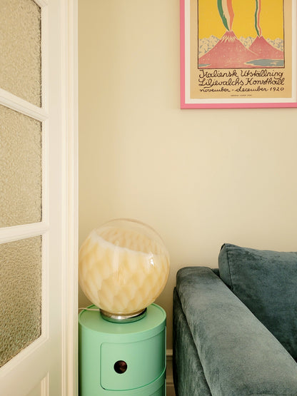 vintage Murano table lamp in amber and clear glass with a beehive pattern and a chrome base