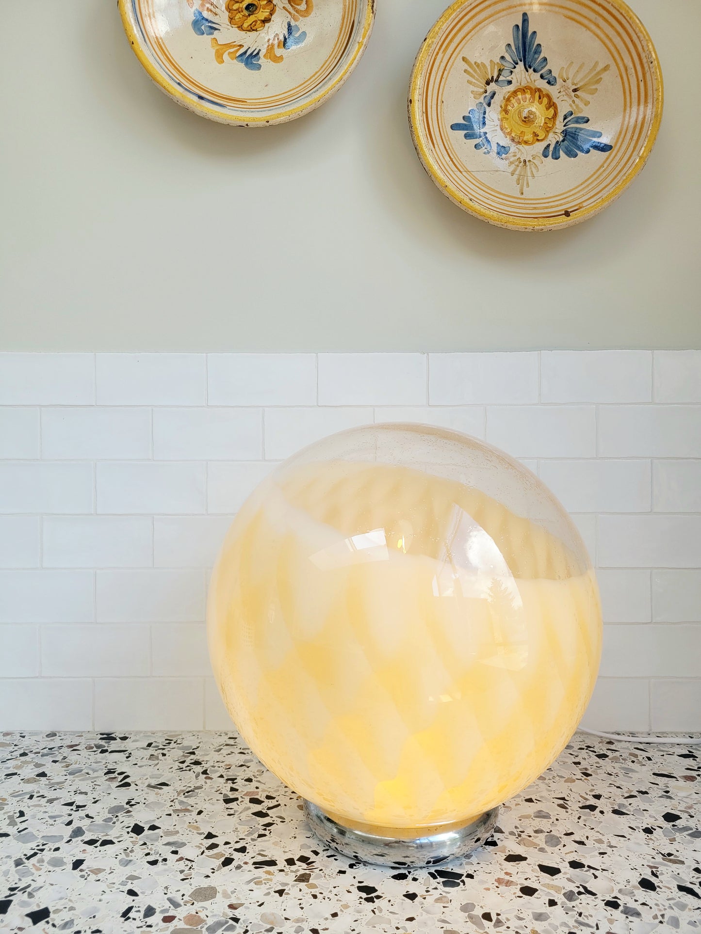 vintage Murano table lamp in amber and clear glass with a beehive pattern and a chrome base