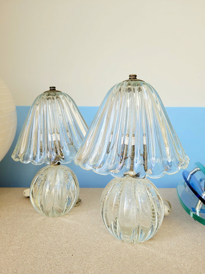 front view of a pair of vintage clear Murano table lamps