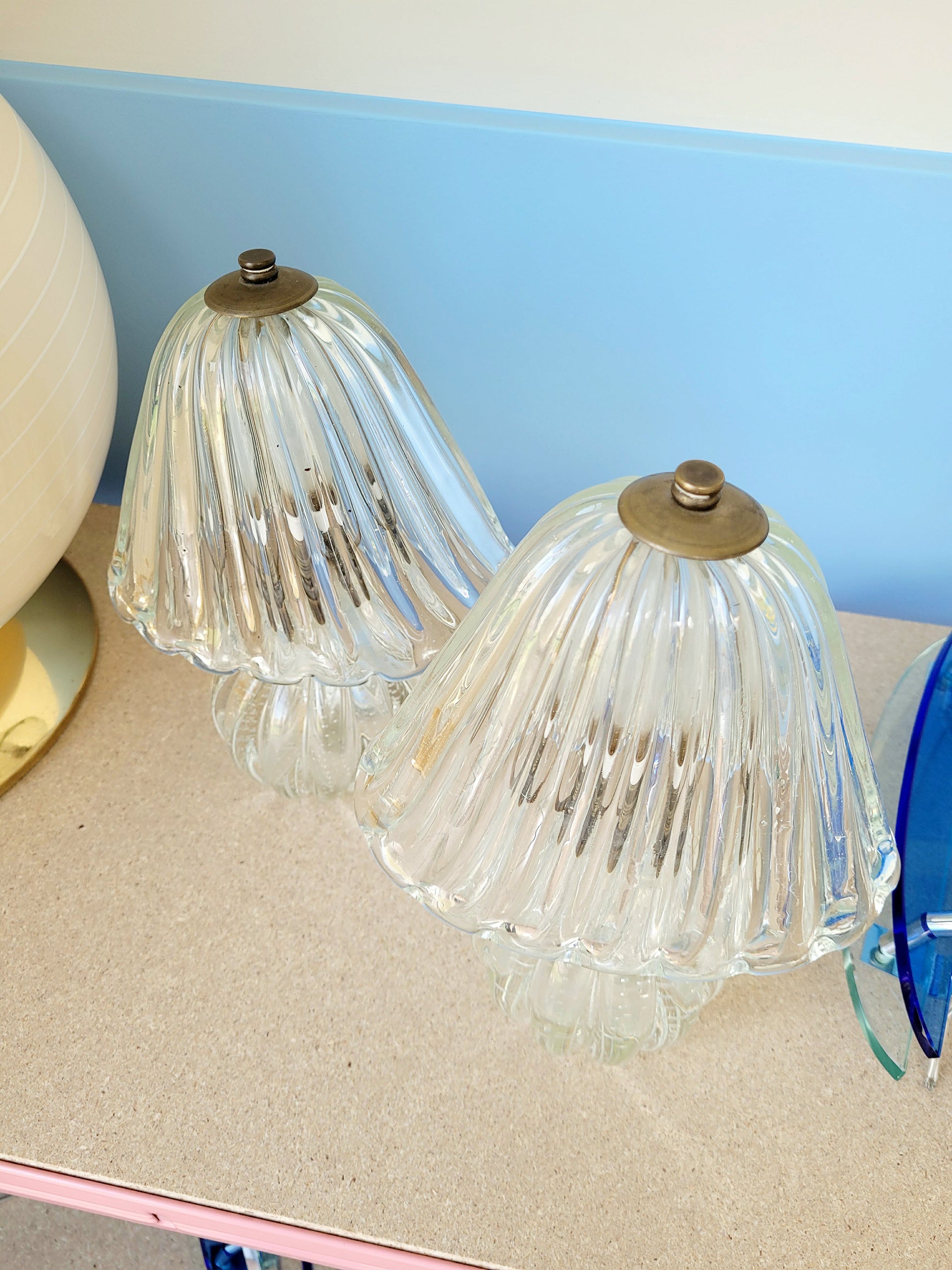 top view of a pair of vintage clear Murano table lamps