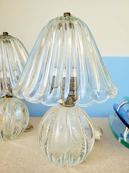 detailed view of a pair of vintage clear Murano table lamps
