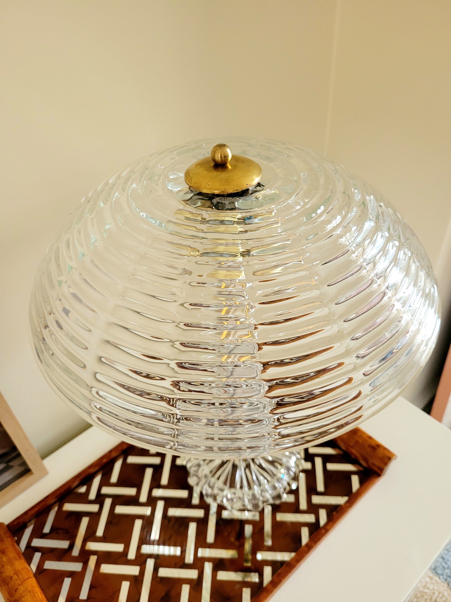 clear Murano glass table lamp feauturing a ribbed shade and brass hardware