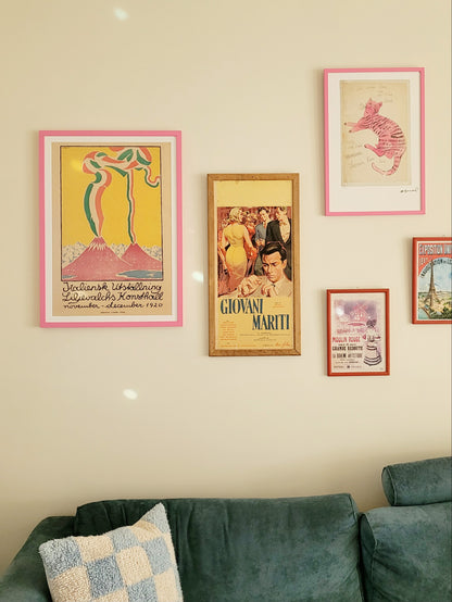A vintage exhibition poster from Guido Balsamo Stella's show at Liljevalchs art gallery in Sweden in a pink frame