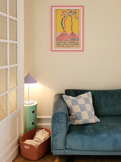 A vintage exhibition poster from Guido Balsamo Stella's show at Liljevalchs art gallery in Sweden in a pink frame