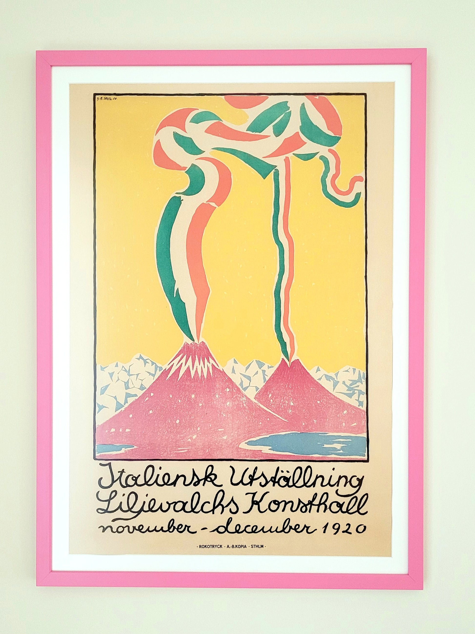 A vintage exhibition poster from Guido Balsamo Stella's show at Liljevalchs art gallery in Sweden in a pink frame