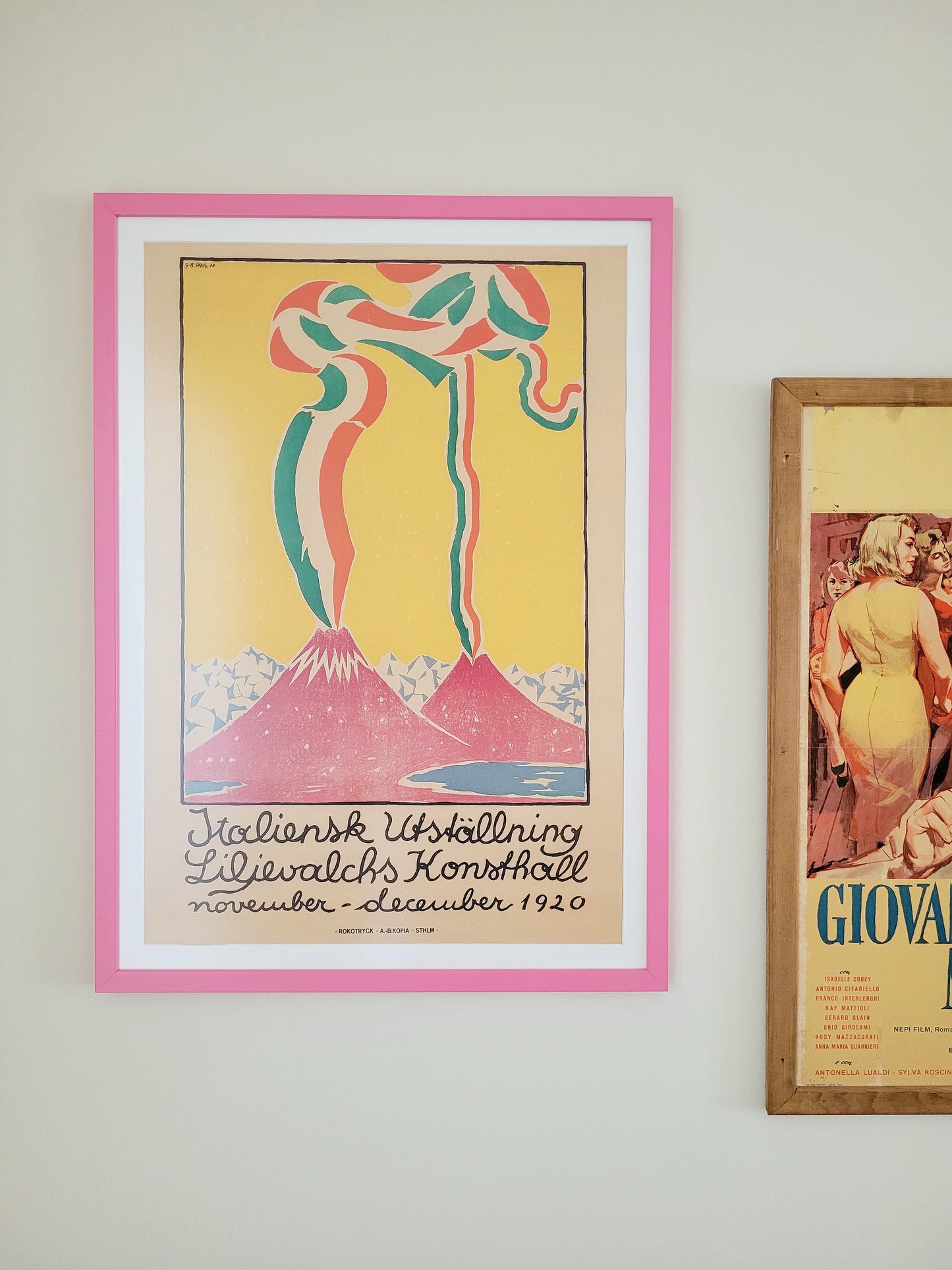 A vintage exhibition poster from Guido Balsamo Stella's show at Liljevalchs art gallery in Sweden in a pink frame